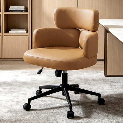 Leather Home Office Chair with Unique Curved Back, Wide Seat Computer Desk Chair with Wheels,Swivel Tilt & Height Adjustable,Matel Base for Home Office, PU Brown