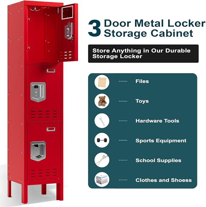BUTISOW Metal Lockers - 66" Height Steel Lockers for Employees with 3 Door Storage Locker with Card Slot for Employees Gym School Home Office Garage - Assembly Required