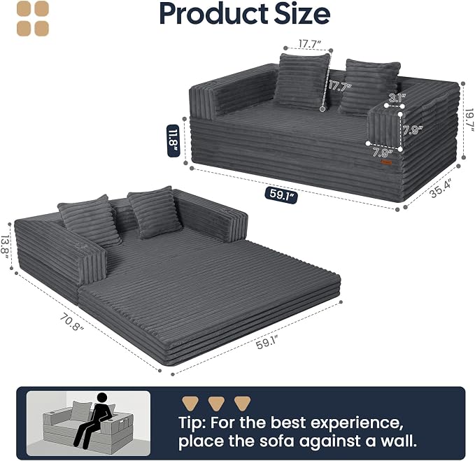 COMAX Futon Sofa Bed, 4‑in‑1 Convertible Sofa Bed, Folding Boneless Couches | Boneless Couch for living room, Fold Out Small Foldable Loveseat Floor Sleeper Mattress Lounge Space‑Saving, Ash Gray