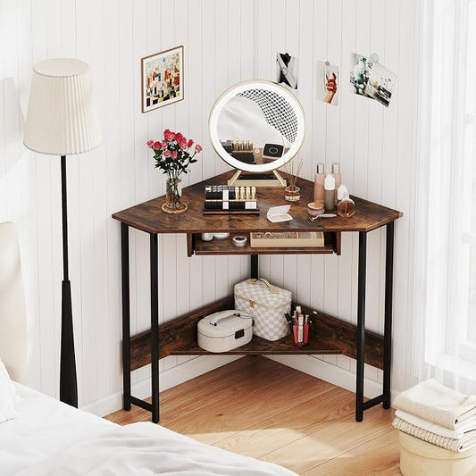 Giantex Small Corner Desk with Charging Station, Triangle Computer Desk with Keyboard Tray & Storage Shelf, Metal Corner Writing Desk for Bedroom, Small Space, Home Office, Black & Rustic Brown