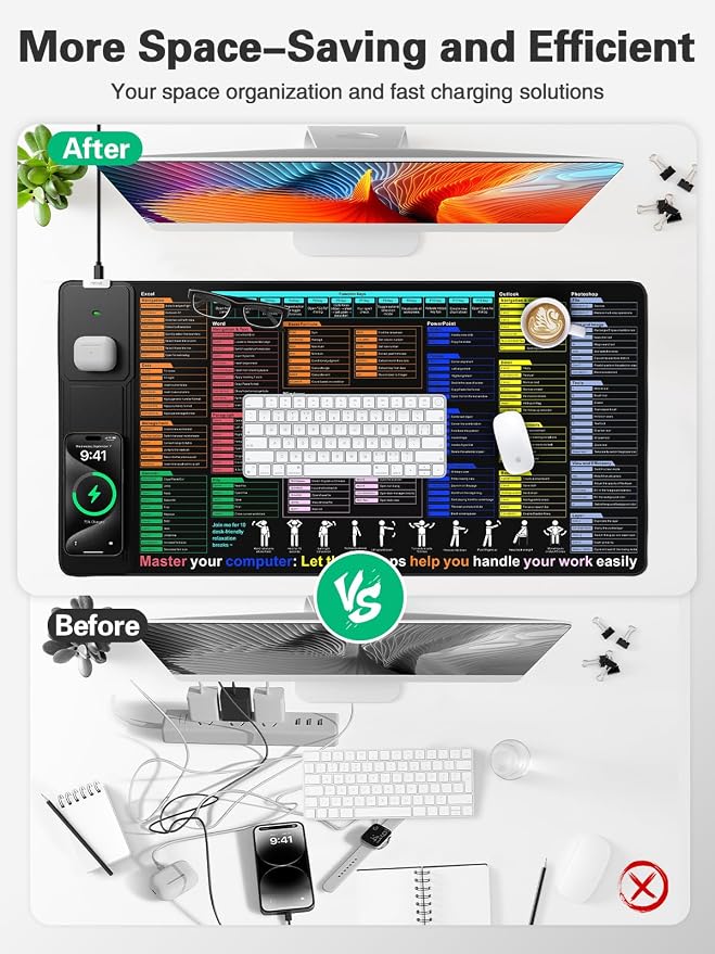Mouse Pad with Foldable Phone Holder, Wireless Charging Desk Mat 31.5x15.75 Mousepad with Superior Micro-Weave Cloth Non-Slip Waterproof Desk Pad