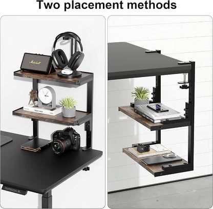 2-Tier Desk Shelf, Expandable Under Desk Storage, Clamp on Desk Shelf, Desktop Accessories for Offices, Study Rooms, and Game Rooms (Wood)