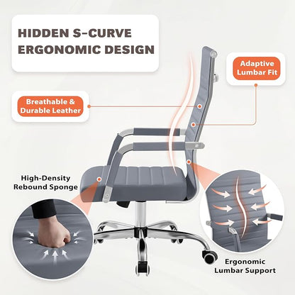 Furmax Ergonomic Office Desk Chair, Executive Ribbed Mid-Back PU Leather Conference Room Chair Adjustable Swivel Chair with Arms (2, Grey)