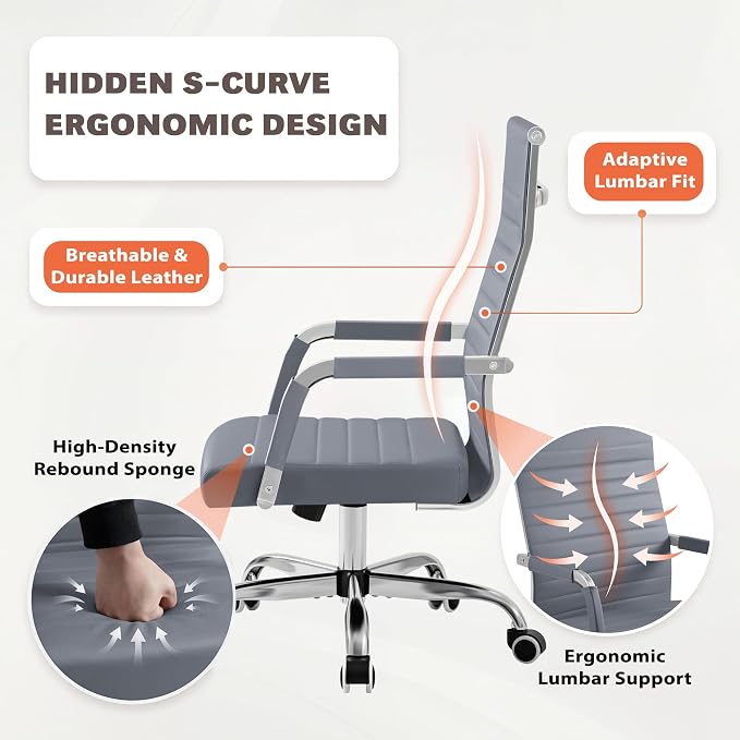 Furmax Ergonomic Office Desk Chair, Executive Ribbed Mid-Back PU Leather Conference Room Chair Adjustable Swivel Chair with Arms (1, Grey)