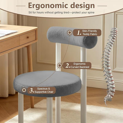 Cute Small Armless Desk Chair, Ergonomic Comfy Vanity Chairs Lumbar Support with Back for Makeup, Teddy Fabric Computer Desk Chair for Home, Bedroom, Vanity, Teens, Adults