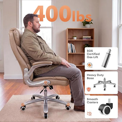 GYI Big and Tall 400lb Office Chair, Leather Executive Desk Chair, Brown | 24"Wide Seat, High Back, Space-Saving Flip-up Arms, Lumbar Support, Heavy Duty Base, Home, Conference Room