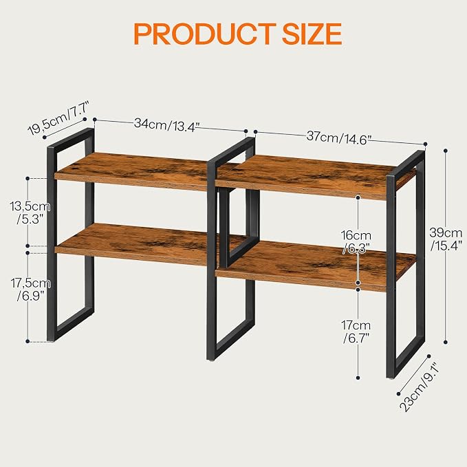 HOOBRO Desk Shelf Organizer, Adjustable Desktop Bookshelf, 2-Tier Shelf for Top of Desk, Wooden Office Storage Rack, for Office, Study, Kitchen, Dorm, Rustic Brown and Black BF39SJ01