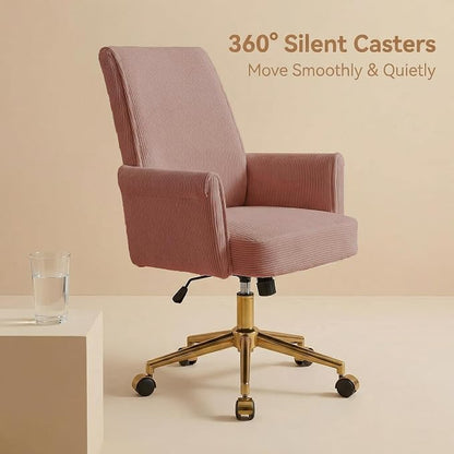 Stripes Velvet Home Office Desk Chair, Accent Upholstered Modern Height Adjustable Swivel Chair with Wheels,Ergonomic Task Chair for Living Room,Bedroom,Vanity,Study,Office（Pink）