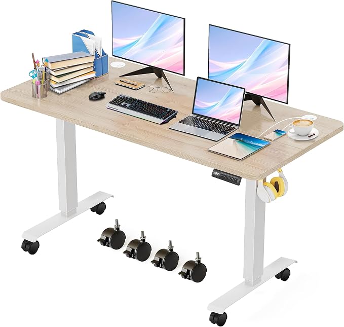 Electric Standing Adjustable Height Desk,55'' x 24'' Stand up Desk with Double Hooks and Wheels, 27''-45'' Lifting Range Computer Workstations(Oak)