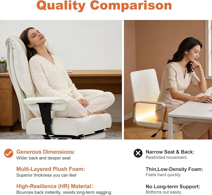 EXCEBET Big and Tall Office Chair 400lbs Wide Seat, Leather High Back Executive Office Chairs with Foot Rest, Ergonomic Lumbar Support for Lower Back Pain Relief (White)