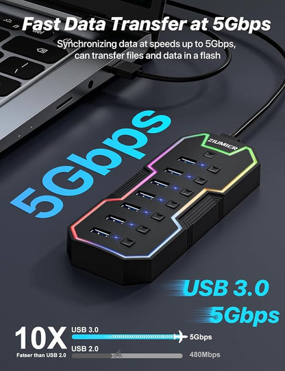 USB Hub 7 Port, RGB LED Strip USB Splitter for Laptop Gaming | USB 3.0 Hub with Individual LED On/Off Switches for Mac, PC, Desktop, Flash Drive, Mobile HDD