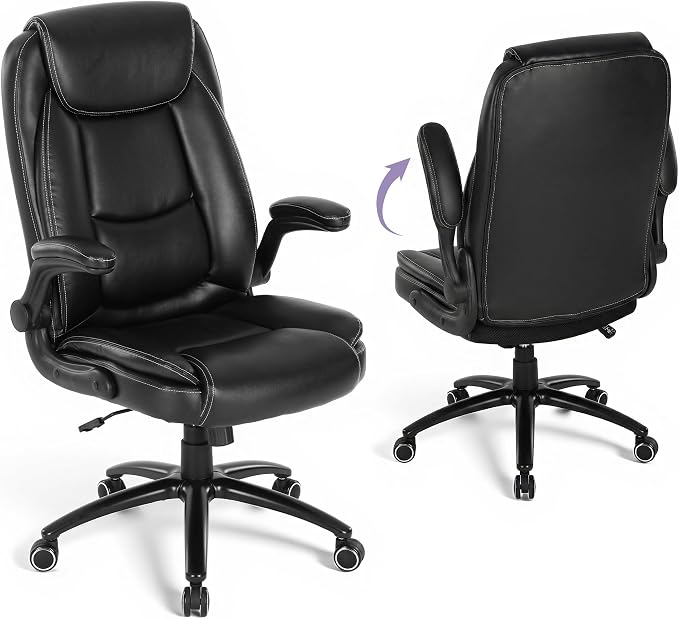 400lbs Capacity Executive Desk Chair Set of 2 with Ergonomic Lumbar Support, Flip-up Arms & High Back Leather Computer Chair for Home/Office, Black