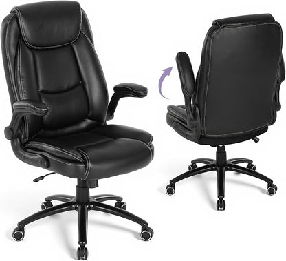 400lbs Capacity Executive Desk Chair Set of 2 with Ergonomic Lumbar Support, Flip-up Arms & High Back Leather Computer Chair for Home/Office, Black
