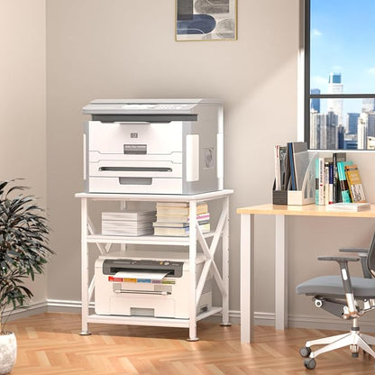 Printer Stand, 23.6 x 23.6 Inches Large Printer Stand with Adjustable Storage Shelf, 3 Tier Printer Table for Home Office, Rolling Printer Cart with Industrial Wheels, Mini Fridge Stand Table, White
