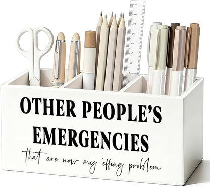 Funny Pen Pencil Holder for Desk, Office Humor Gifts for Coworkers Employees Women Men, Other People's Emergencies Wooden Box Sign Decorations for Home Office Workplace Desk Tabletop