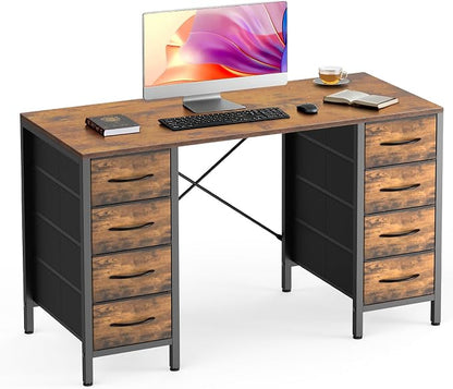 Sweetcrispy Computer Desk with 8 Fabric Drawers for Home Office Bedroom, 47 Inch Gaming Writing Study Table with X-Shaped Reinforced Structure PC Desk, Brown