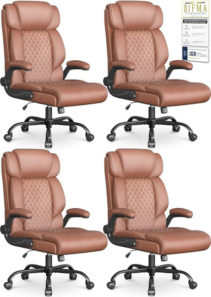 Office Chair-Executive High Back Breathable Big and Tall Office Chair Flip-up Armrests Lumbar Support-Ergonomic Leather Rolling Swivel Chair with Rock Function for Working Studying Gaming,4 Pack