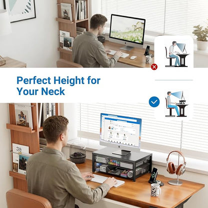 OPNICE Computer Monitor Stand Riser, Desk Organizer with Drawer, Printer & Laptop Stand, Office Desk Accessories & Workspace Desktop Organizers Storage for Office Supplies(Black - Double Drawer)