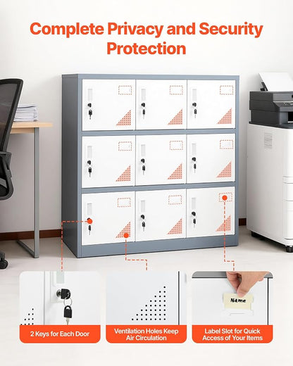 VEVOR 9 Doors Metal Locker for Employees, Steel Locking Storage Cabinet with Card Slot and Ventilation, 2 Keys for Each Door, Employee Lockers for Office, School, Gym, Home, Easy Assembly, Gray