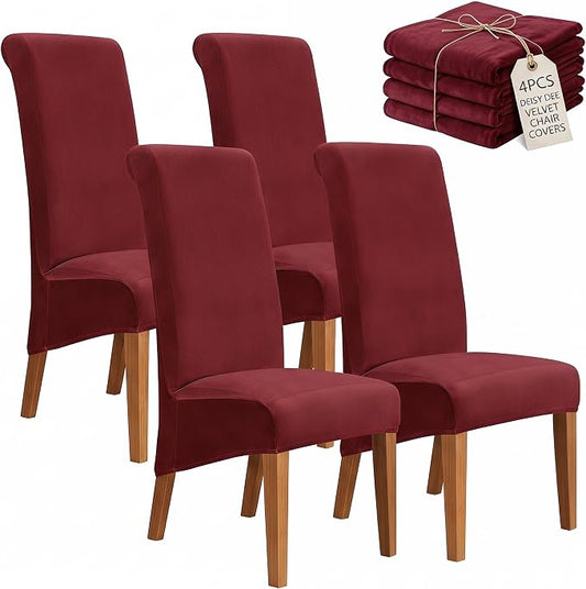 Deisy Dee Stretch XL/Oversized Extra Large Velvet Dining Room Chair Covers for Kitchen Dining，Removable Washable Chair Protectors Slipcovers (Burgandy, 4)