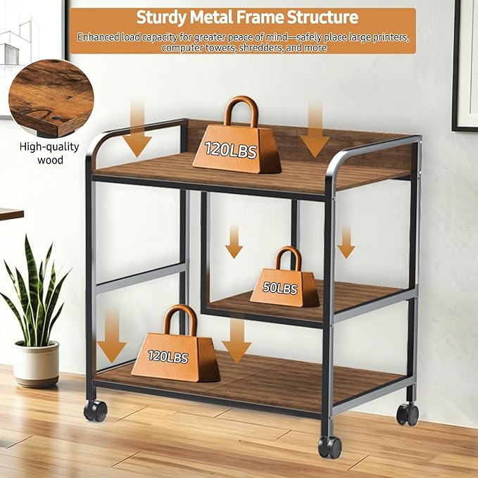 Printer Stand Large Storage for Office: Sturdy Steel Frame Mobile and Printer Table with Adjustable Storage Shelf - Easy Installation and Stability Design Table with Wheels for Scanners Paper File