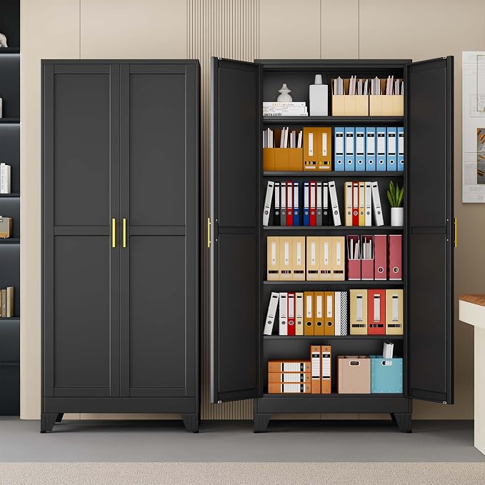 pozdeg 75" Tall Metal Storage Cabinet with 2 Doors & 5 Adjustable Shelves, Steel File Cabinet Multipurpose Organizer for Home Office Garage (Black)