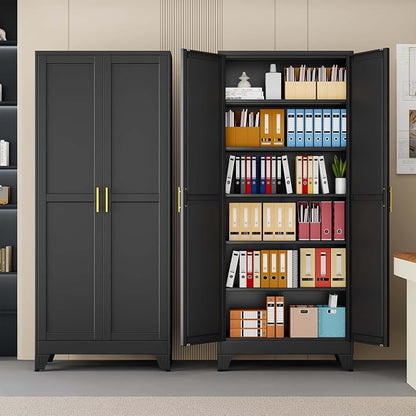 pozdeg 75" Tall Metal Storage Cabinet with 2 Doors & 5 Adjustable Shelves, Steel File Cabinet Multipurpose Organizer for Home Office Garage (Black)