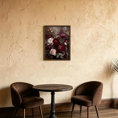 Framed Vintage Dark Floral Wall Art, Moody Burgundy Peony Canvas Wall Decor Picture, Retro Rustic Botanical Still Life Painting for Living Room Bedroom Bathroom 16X24 Inch