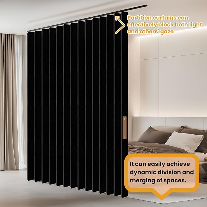 JILRON Accordion-Style Room Divider with Ceiling Track - Foldable Partition Curtain, Easy Installation(Black 180" W x 96" L-Pack of 1)