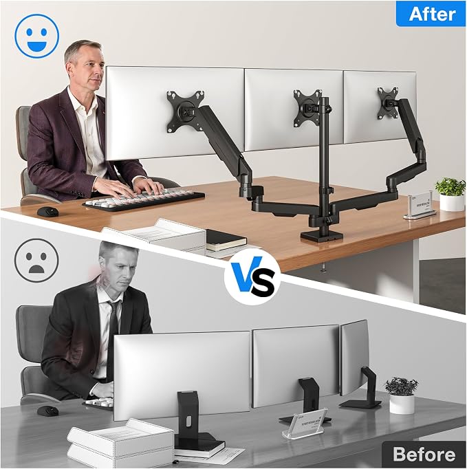 Triple Monitor Desk Mount Stand for 17"-32" Screens, Extra Tall & Long Desk Mount Hold up to 19.8lbs Each, Three Display Arm for Working Gaming with Tilt Swivel Rotation, VESA 75/100mm