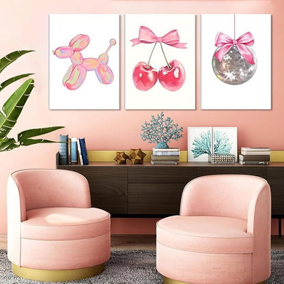 Trendy Pink Bows Canvas Wall Art Set of 3, Vintage Preppy Cherry Disco Ball Posters Wall Decor, Pink Girly Room Aesthetic Painting Prints for College Apartment Living Room Bedroom 16x24 In Framed