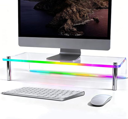 0.39" Extra Thick Acrylic Monitor Stand Riser, Clear | 23.6” x 9.1" x 3.5" Acrylic Desk Shelf with RGB Lighting & Dual Control-App & Button Control,for Office Desktop Organizer