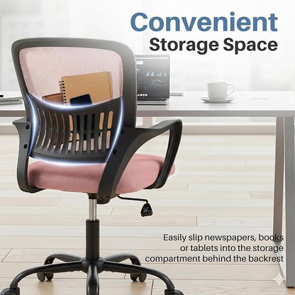 DUMOS Home Office Chair - Ergonomic Mid Back Mesh Desk Chair with Lumbar Support & Rocking Mode, Height Adjustable with Fixed Armrest, for Conference, Computer, 360° Swivel, Adults, Pink
