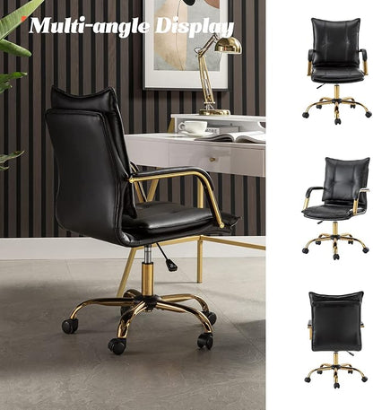 HULALA HOME Faux Leather Home Office Desk Chair, Adjustable Swivel Computer Chair with Golden Legs and Arms, Comfy Upholstered Task Chair, Black