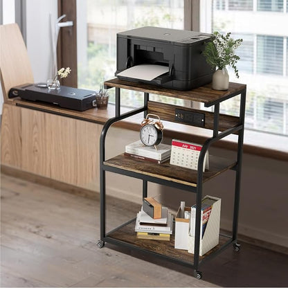 Large Printer Stand with 3-Tier Wood Storage Shelves with Power Outlet - Multi-Purpose Desk Organizer for Printer Scanner Fax Home Office Use with Wheels (Rustic Brown)