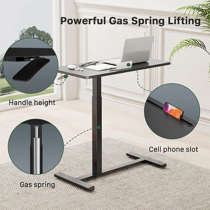 Gibbon Mounts Mobile Standing Desk, Pneumatic Adjustable Rolling Desk(31.5 Inches), Portable Laptop Desk with Wheels, Overbed Bedside Table Laptop Table for Couch, Home, Office, Black