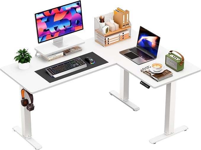 Furmax 63 x 47 Inch L Shaped Standing Desk with 2 Preset Heights, Electric Height Adjustable Computer Desk, Corner Sit Stand Desk for Home Office, 2 Hooks & Feet Balance (White, 63 x 47 Inch)