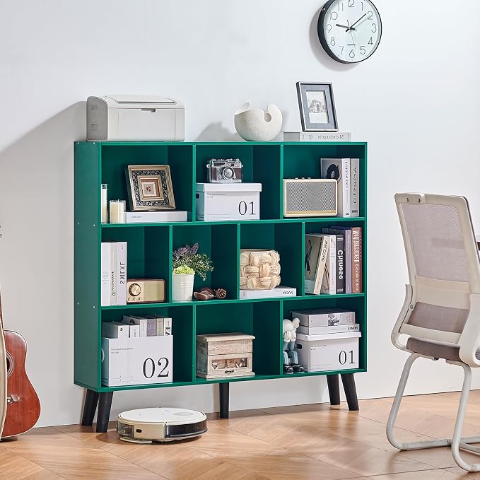 LEYAOYAO 10 Cube Bookshelf,3 Tier Modern Wide Bookcase with Legs,Mid-Century Wood Bookshelves Storage,Dark Green Large Book Case,Freestanding Organizer Display Shelf for Bedroom,Living Room,Office