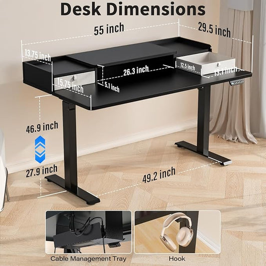 Kingant 55 x 30 Inch Electric Standing Desk with Dual Drawers, Adjustable Height Computer Desk for Home Office, Large Workstation Sit Stand Up Desk with Built-in Storage Shelf, Black