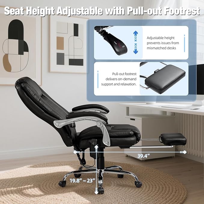 Massage Office Chair with Foot Rest - Ergonomic Executive Chair, High Back Reclining Leather Desk Chair with 135° Recline, 400 LBS, 6-Point Vibration and Heat, Classic