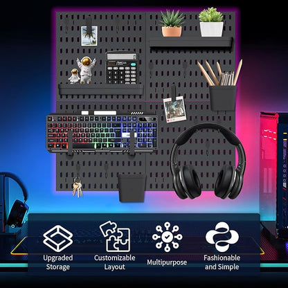 SHGJ&SOFT Peg Board Wall Organizer Panels, 22pcs - Includes 4 Black Pegboards & Accessories, Plastic Pegboard for Home，Office, Craft Room, Gaming Setup, 24″×24″, Wall Mount Display Pegboard Panel Kits
