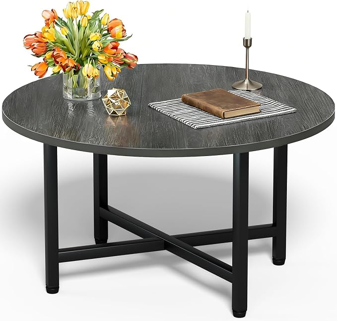 FAMIDGE Round Coffee Table, Small Coffee Tables for Living Room, Wood Coffee Table with Metal Frame, Floor Table Desk for Sitting on The Floor, Home, Office, Farmhouse, Dark Gray (23.6" D x 17.7" H)