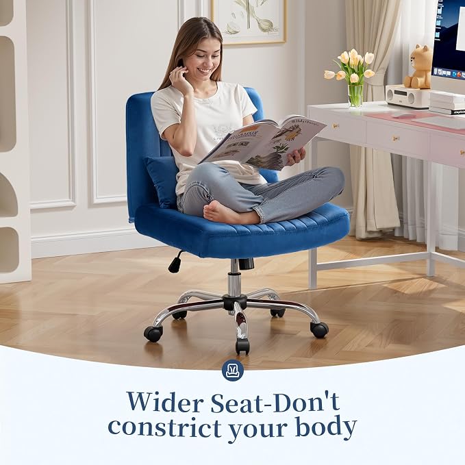 Warmiehomy Velvet Criss Cross Chair with Wheels, Cross Legged Office Chair, Comfy Desk Chair for Home Office, Ergonomic Computer Chair, Wide Seat Vanity Chair, for Adults, Royal Blue