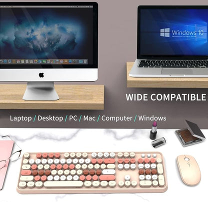 FOPETT Wireless Keyboard and Mouse Combo - 2.4G Full-Sized Cute Colorful Mouse and Keyboard with 104 Round Keys Retro Typewriter Keyboard for Laptop/Windows/PC - Brown Colorful