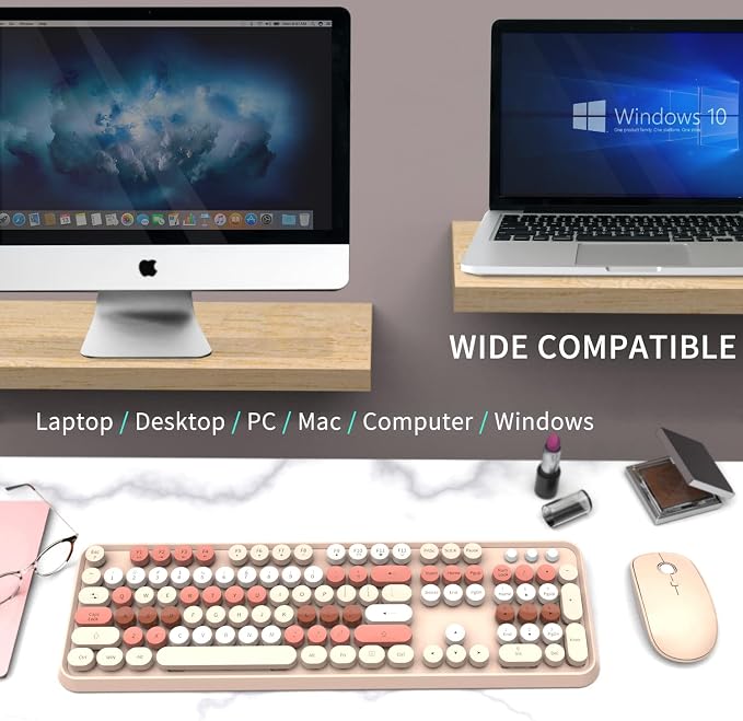 Wireless Keyboard and Mouse Combo Cute Colorful Keyboard and Mouse, Retro Typewriter Keyboard with 2.4GHz Plug & Play, for Windows 11/10/7, Laptop, PC (Milk Tea)