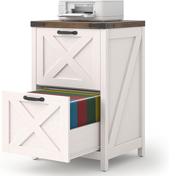Halitaa Farmhouse File Cabinet, Vertical Under Desk Wooden Storage with 2 Drawers, Small Filing Cabinet Fits Letter and A4 Size for Home Office, Printer Stand, White and Brown