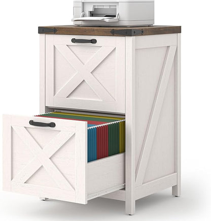 Halitaa Farmhouse File Cabinet, Vertical Under Desk Wooden Storage with 2 Drawers, Small Filing Cabinet Fits Letter and A4 Size for Home Office, Printer Stand, White and Brown