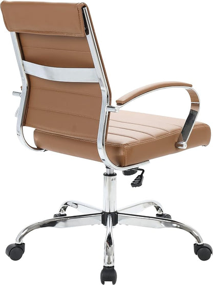 LeisureMod Benmar Leather Office Desk Chair, Mid-Back Ergonomic Swivel Chair with Lumbar Support, Adjustable Height, Tilt Lock, Cushioned Seat & Back, Home Office Task Chair (Brown, Single)