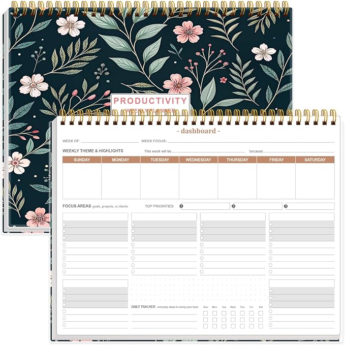 Weekly Productivity Planner - 8.5" x 11" Dashboard Desk Notepad Has 6 Focus Areas to List Tasks for Goals, Projects, Clients, Academic or Meal-Organize Your Daily Work Efficiently, 54 Weeks, Flower-D