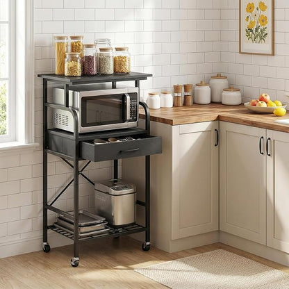 MAHANCRIS Tall Printer Stand, 3 Tier Printer Cart with Storage, Industrial Printer Table on Wheels, Adjustable Shelf & Fabric Drawer, for Home Office Study Black PTBK5501